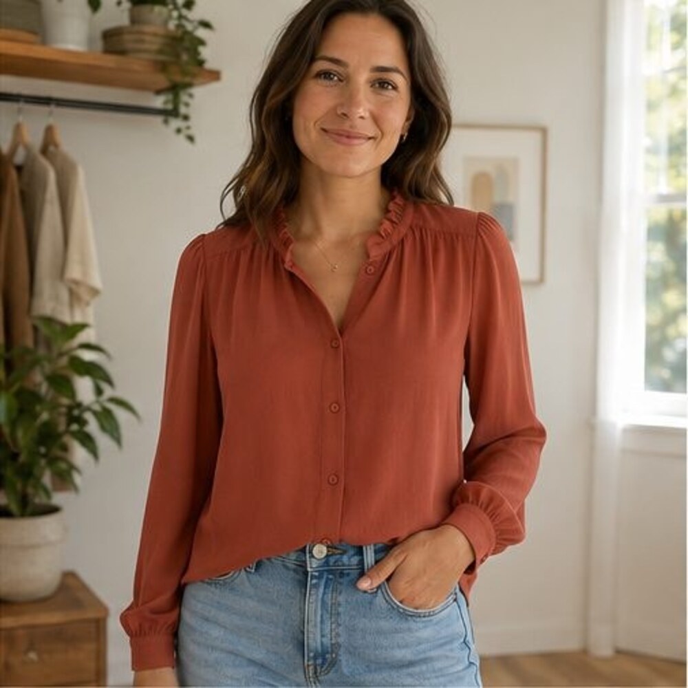 Terracotta Ruffle Collar Blouse - Picture 2 of 6